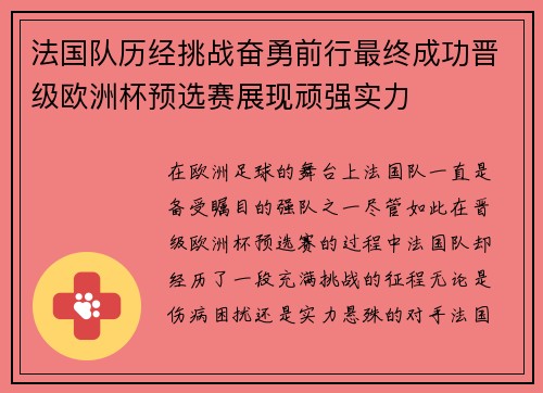 法国队历经挑战奋勇前行最终成功晋级欧洲杯预选赛展现顽强实力